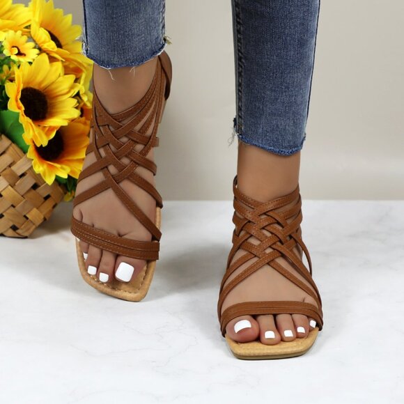 Women's Roman Gladiator Muliti Straped Back Zip Design Flat Heel Sandals Camel - Picture 3 of 5